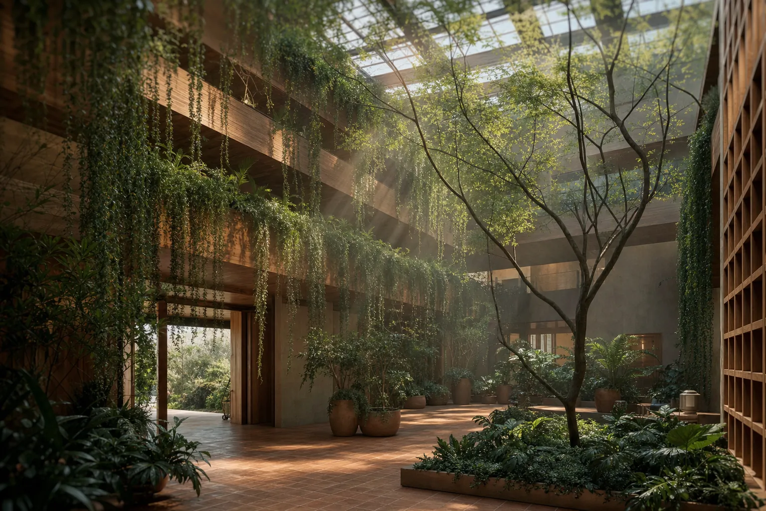 Courtyard atrium with cascading hanging gardens and god-rays through a skylight grid