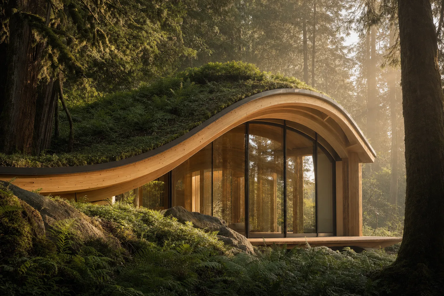 Curved mass-timber pavilion with living roof merging into old-growth forest