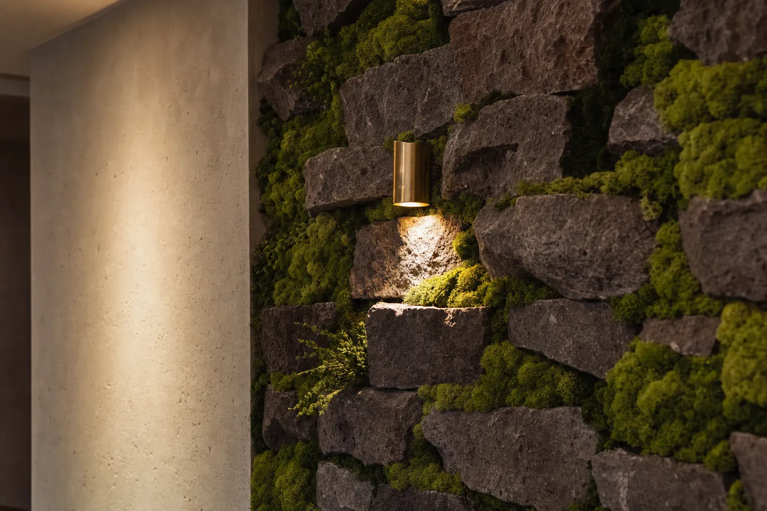 Living moss and stacked basalt stone wall in warm lamplight